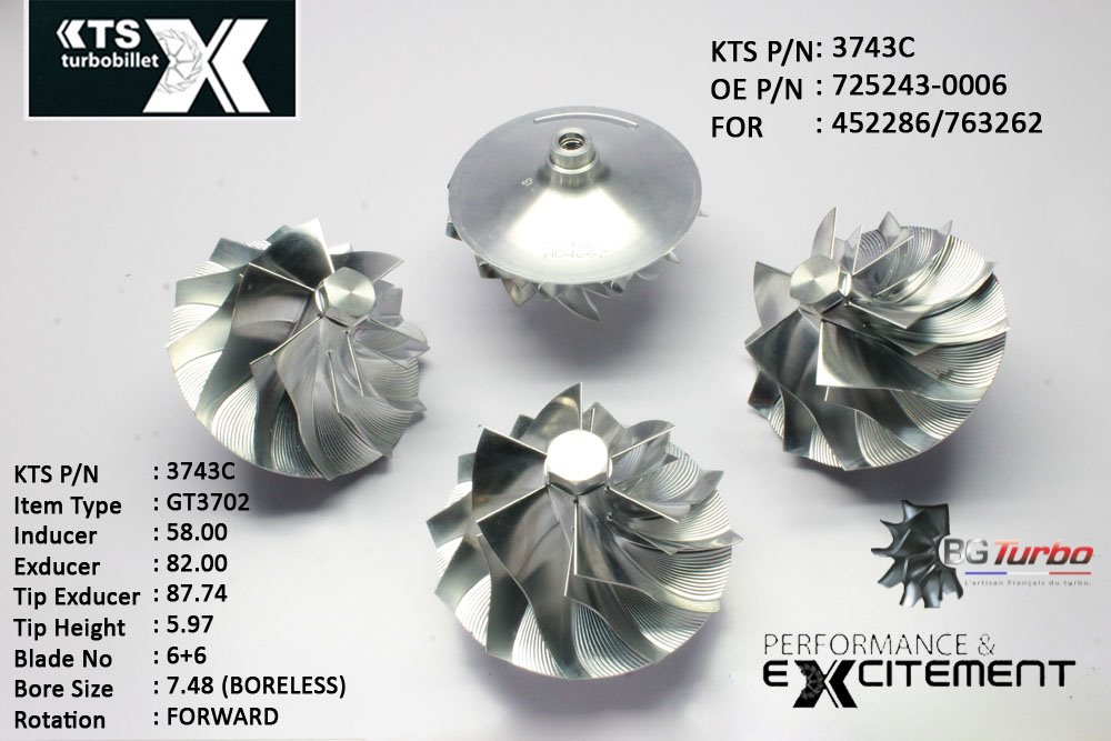 Turbo ROUE FORGÉE MFS PERFORMANCE - 6+6 PALES - INDUCER : 58 - EXDUCER : 82 - TYPE : GT3702ANGLE : 60° - ROTATION : Forward - SUPER BACK : 20 - BORE SIZE : 8,27
